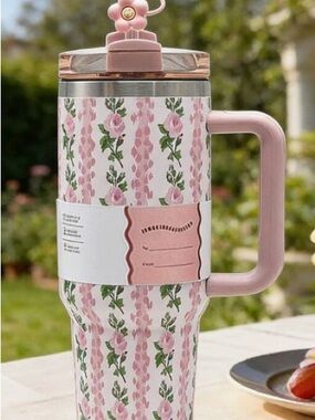 Pink Floral Insulated Travel Mug with Handle
